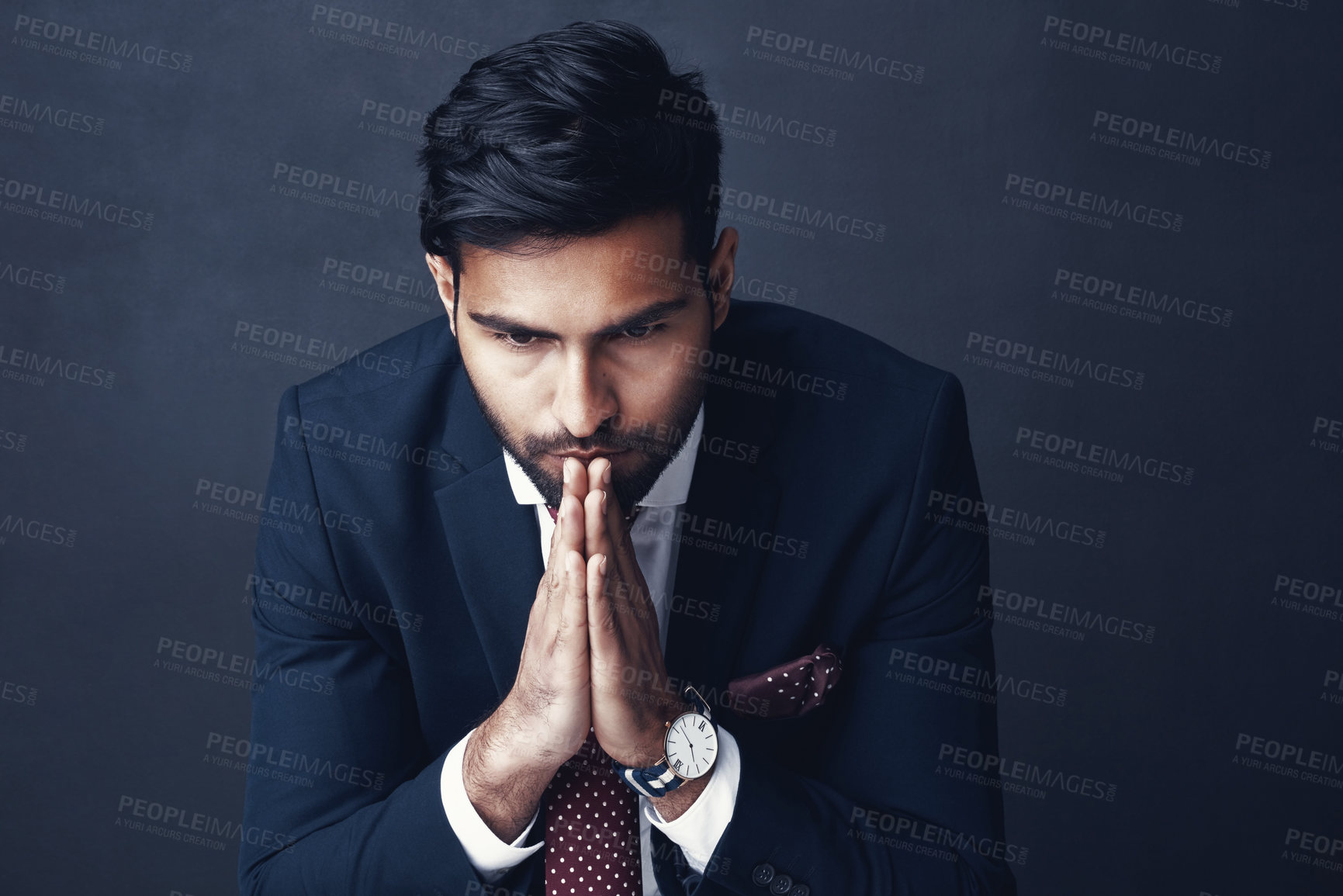 Buy stock photo Corporate, thinking and Indian man with stress, confused and employee against a dark studio background. Male person, entrepreneur and agent with worry, anxiety and business owner with contemplation