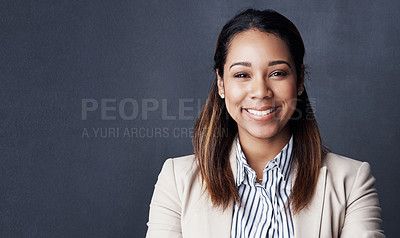 Buy stock photo Studio, businesswoman and smile in portrait for law firm, justice mission and happiness with pride. Mockup space, female person and lawyer with confidence for court case, project and dark background