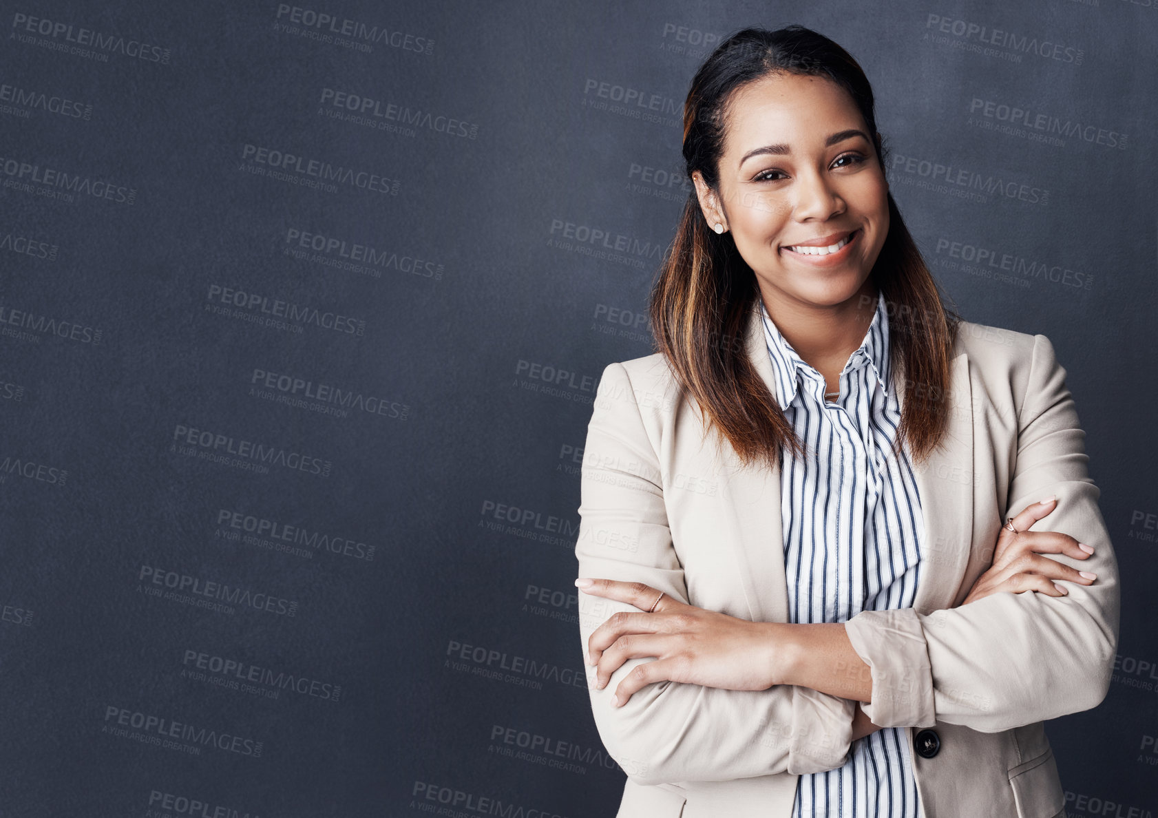 Buy stock photo Studio, businesswoman and attorney in portrait with arms crossed, justice mission or smile with pride. Mockup space, female person or lawyer with confidence for court case, project or dark background