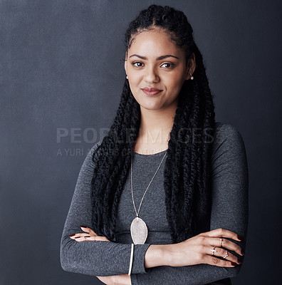 Buy stock photo Arms crossed, intern and creative with business woman in studio for fashion designer, boutique owner and pride. Confidence, opportunity and portrait of female employee on dark background for startup