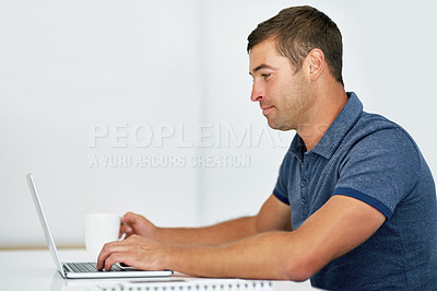 Buy stock photo Office, journalist and businessman with laptop for article, typing and draft angle for technology beat. Publication, male editor and proofreading with digital for news story, editing and productivity