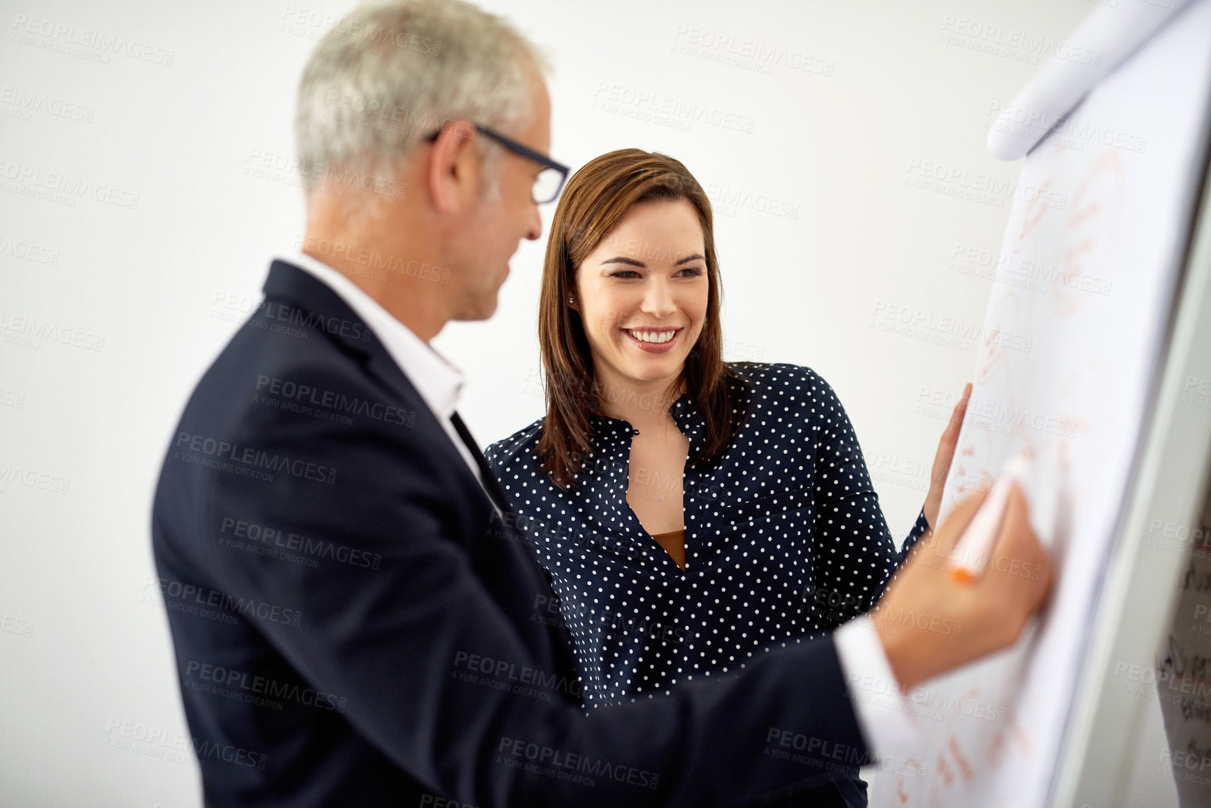 Buy stock photo Business people, man and woman with whiteboard, ideas and planning for project. Employees, mentor and consultant with feedback, brainstorming or cooperation for proposal, advice or review in office