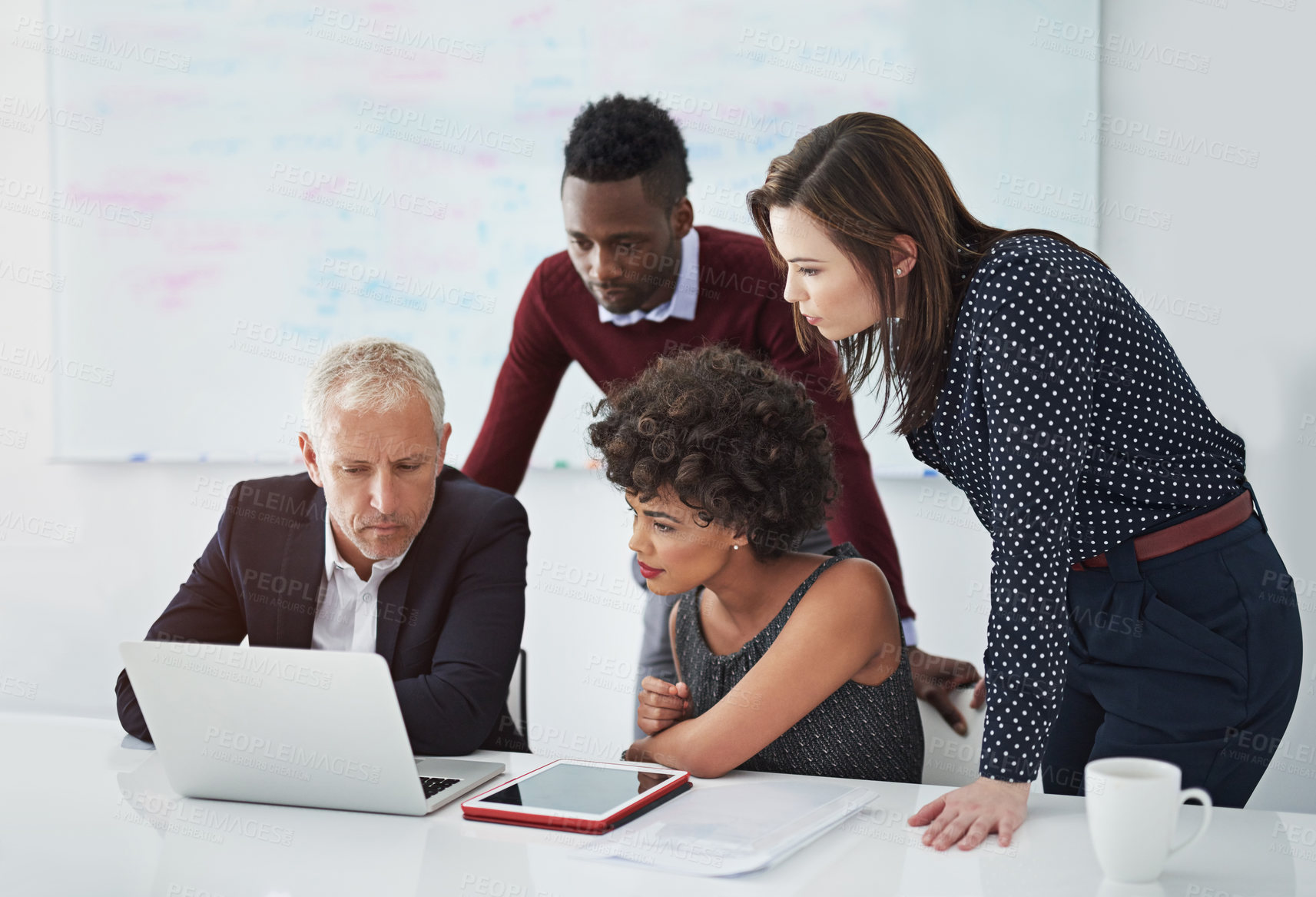 Buy stock photo Tablet, laptop and business people in meeting in office for research project, website and internet. Teamwork, corporate and men and women on computer for planning, collaboration and online news