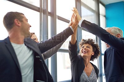 Buy stock photo Business people, group high five and celebration in office with team, smile and support for company goals. Men, women and hands in air for teamwork, achievement and motivation at insurance agency