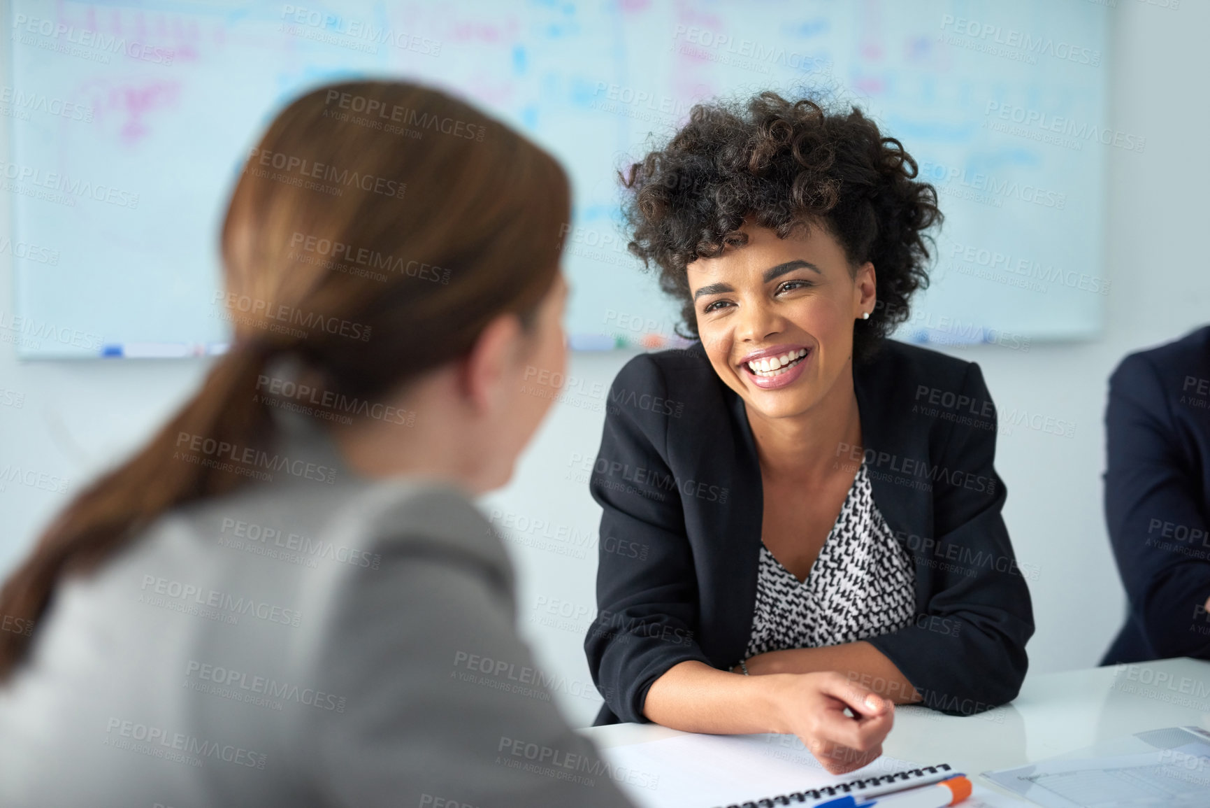 Buy stock photo Woman, office and business meeting or talking, company and work collaboration with employee for partnership. Together, coworkers and smile or target goal and review conversation, staff or career plan