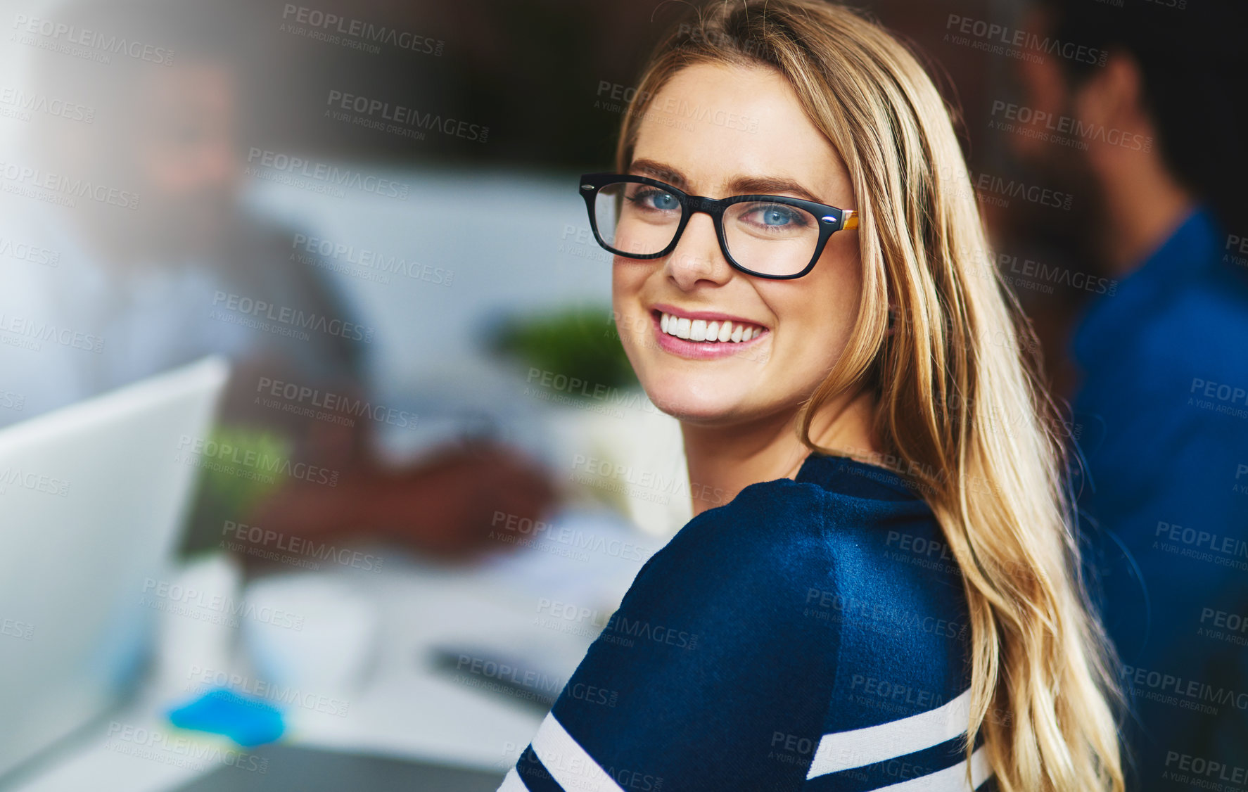 Buy stock photo Smile, portrait and businesswoman in meeting for planning, brainstorming and agenda in office. Face, collaboration or happy designer with pride for creative agency or discussion in startup workshop