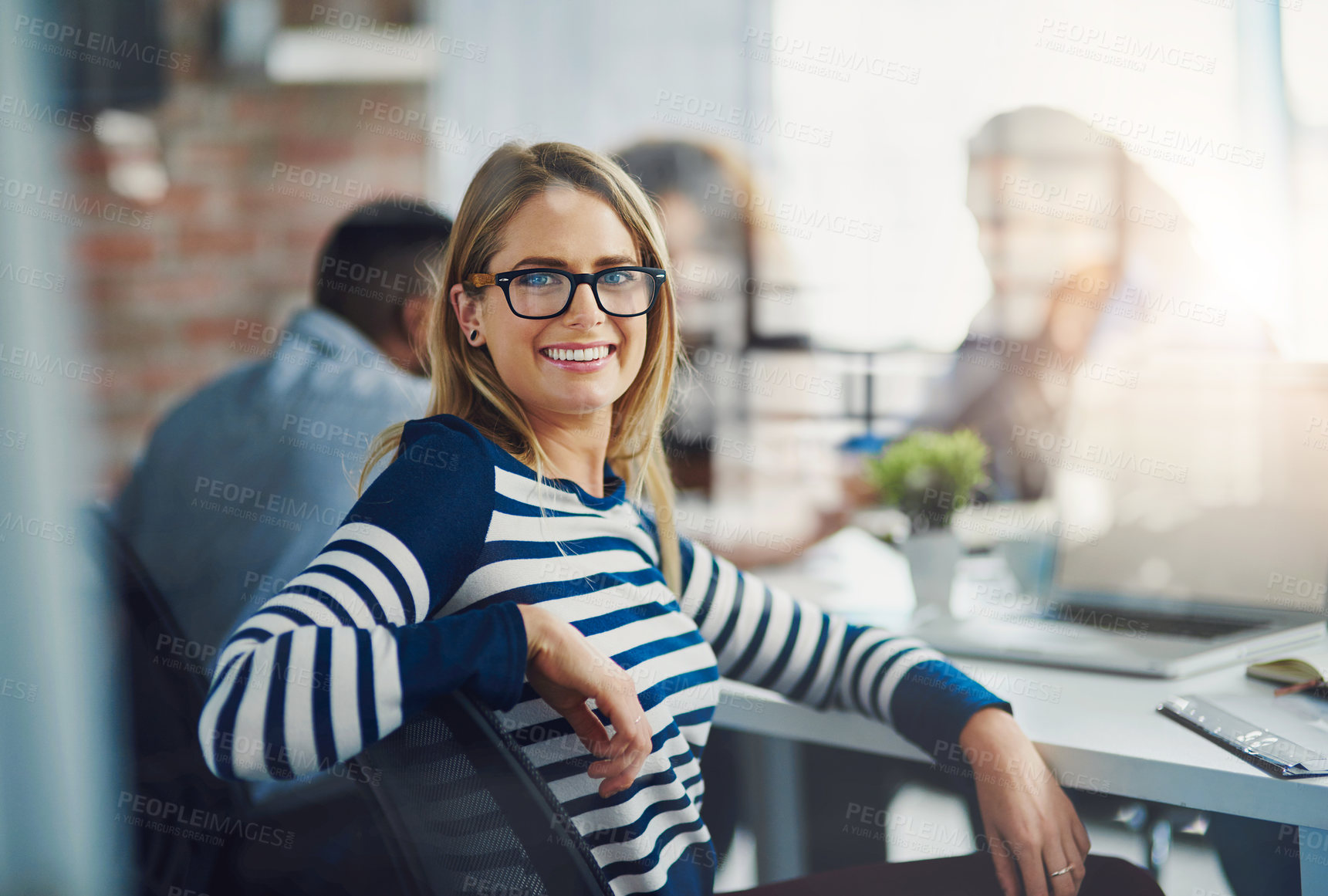 Buy stock photo Confident, portrait and happy woman in meeting for collaboration, development and agenda in office. Face, confidence or proud designer with glass for creative agency or discussion in startup workshop