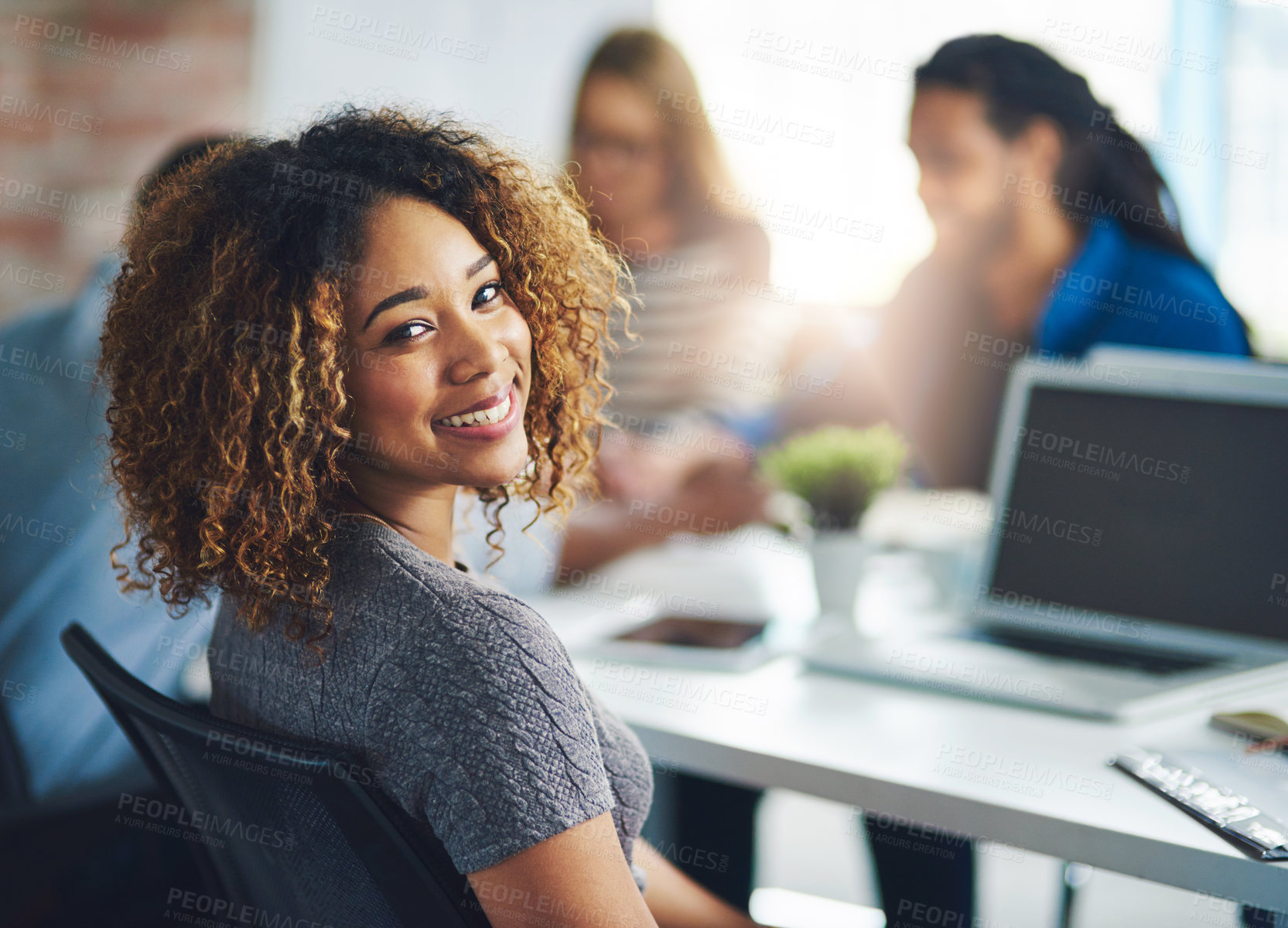 Buy stock photo Confidence, portrait and happy woman in meeting for startup, brainstorming or agenda in office. Face, collaboration or proud female designer with smile for creative agency, development or discussion