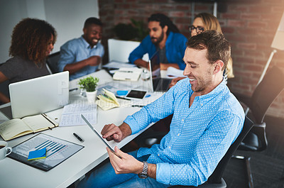 Buy stock photo Scroll, tablet and happy business man in meeting for planning social media campaign in startup. Worker, creative or digital technology for reading engagement performance metrics, kpi or research data