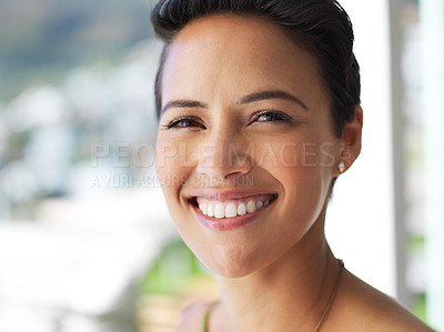 Buy stock photo Happy, face and woman outdoor with confidence for holiday real estate agent at open house. Smile, portrait and female realtor from Portugal with exclusive rental property for vacation listing.