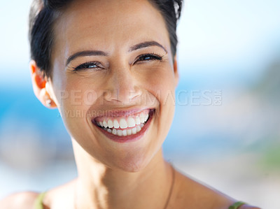 Buy stock photo Portrait, smile and woman with vacation, summer travel and resort for adventure in Miami. Tourist, hotel and hospitality for weekend, explore and relax with journey for holiday lodge accommodation