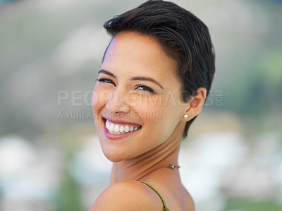 Buy stock photo Portrait, smile and woman outdoor on holiday, vacation and travel in nature on adventure. Face, tourist and happy female person with natural beauty on journey, summer trip and relax in Portugal