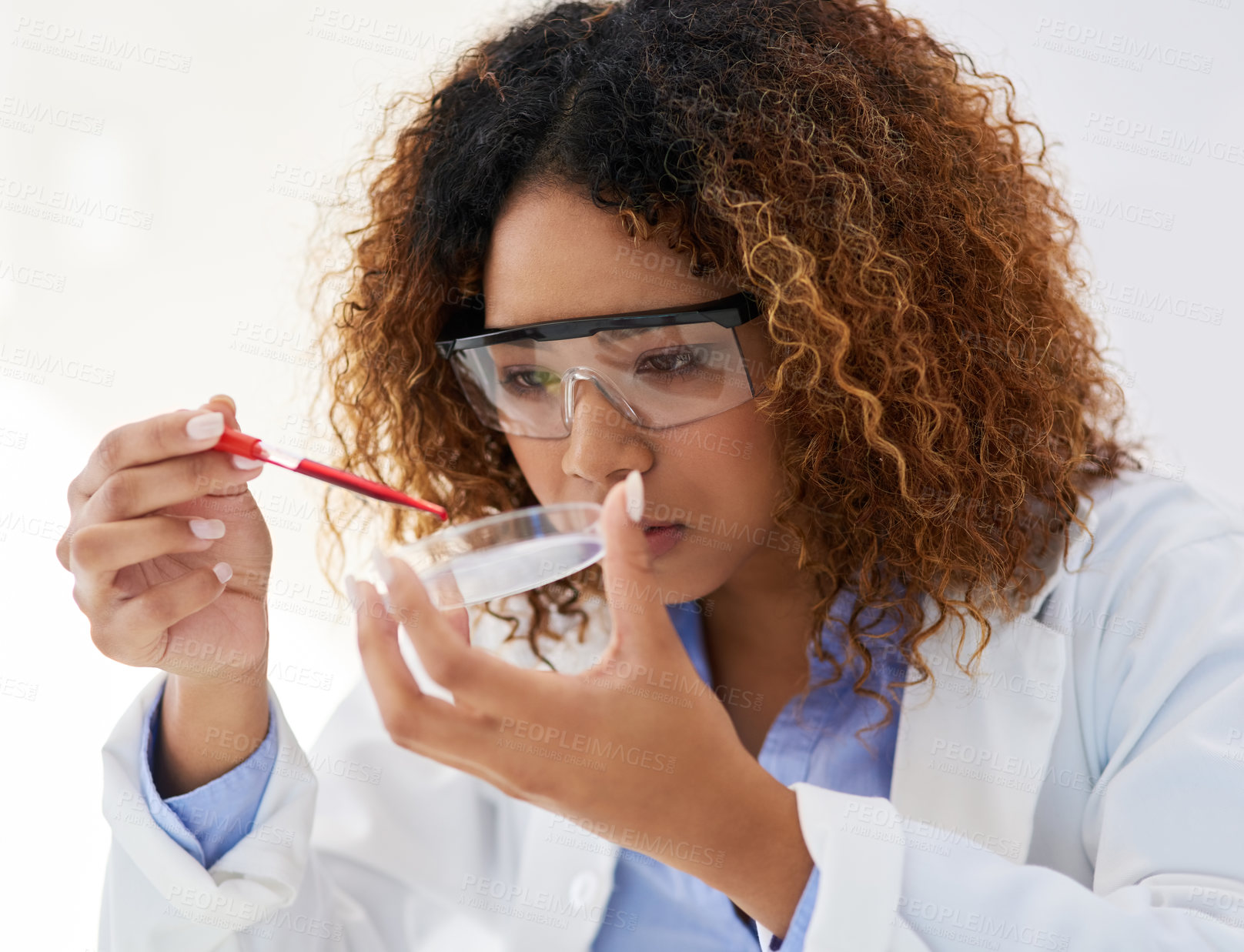 Buy stock photo Cropped shot of a young female scientist analysing a sample in the lab