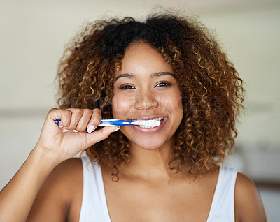 Buy stock photo Black woman, portrait and toothbrush for smile with teeth in bathroom with dental hygiene in house. Happy, morning and everyday routine with refreshing breath, daily habit, getting ready and care