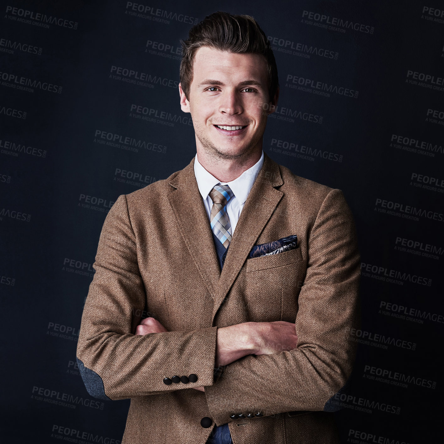 Buy stock photo Banker, crossed arms or happy businessman in studio with smile, corporate career and experience. Portrait, financial advisor and proud professional investment broker on dark background in England