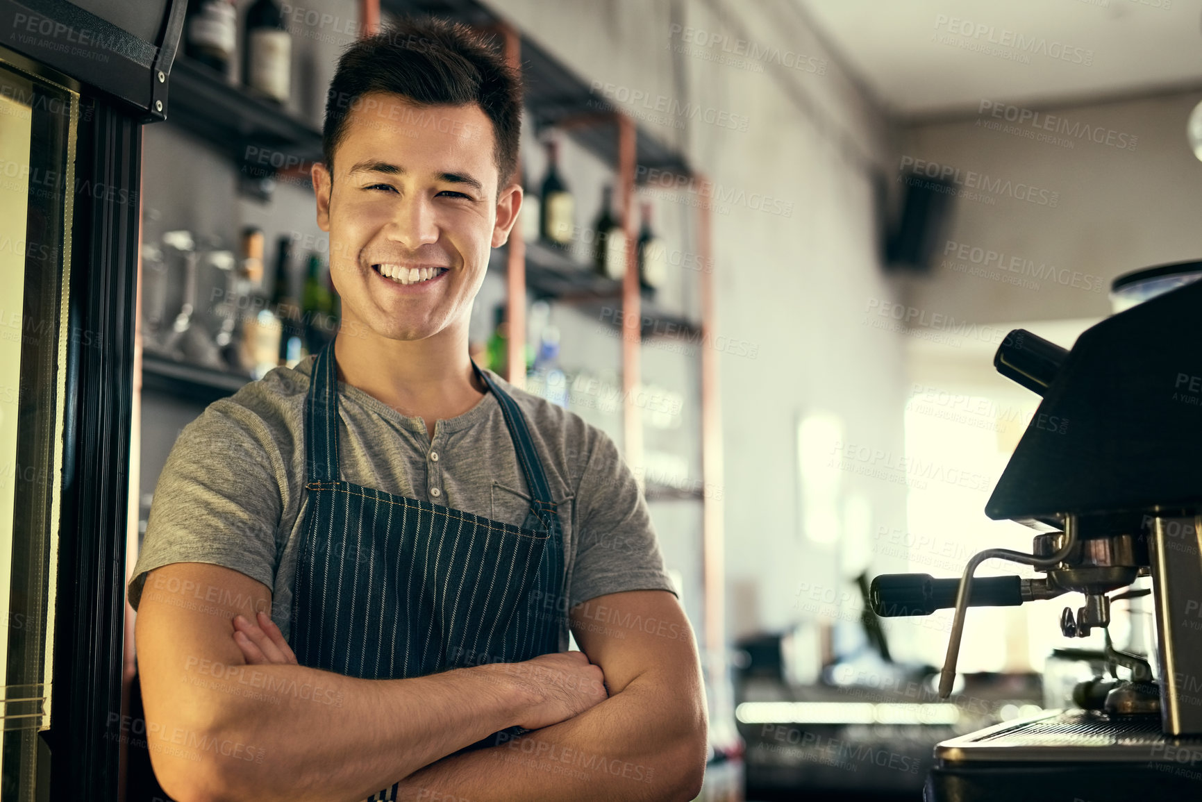 Buy stock photo Happy, portrait and barista of cafe with pride in hospitality, service or waiter with arms crossed. Entrepreneur, smile and person in coffee shop, restaurant and professional server work with machine