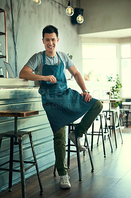 Buy stock photo Happy, waiter and portrait of bartender in small business with pride in hospitality, service or welcome. Entrepreneur, smile and person in restaurant and professional server working in diner