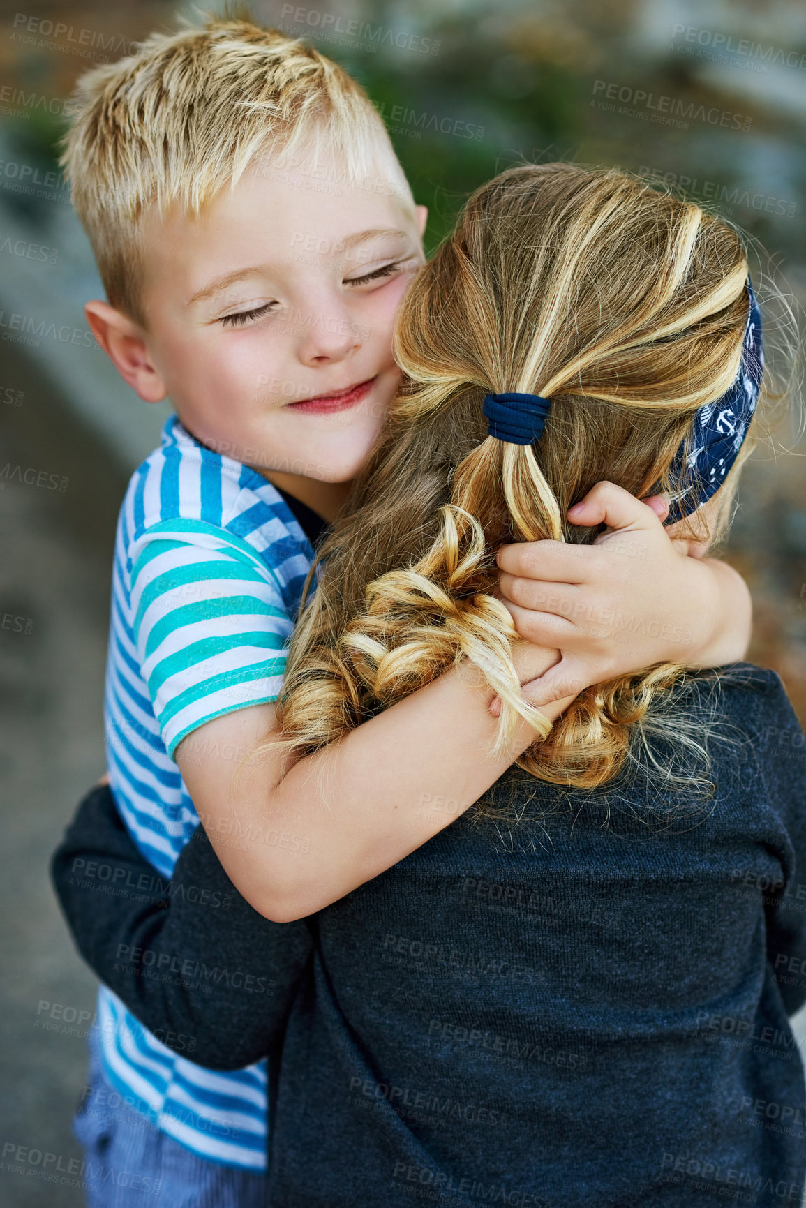 Buy stock photo Happy, siblings and embrace with love in outdoor for bonding, family and holiday at house in summer for memory. Smile, girl and child on adventure, together and relationship with care in Greece