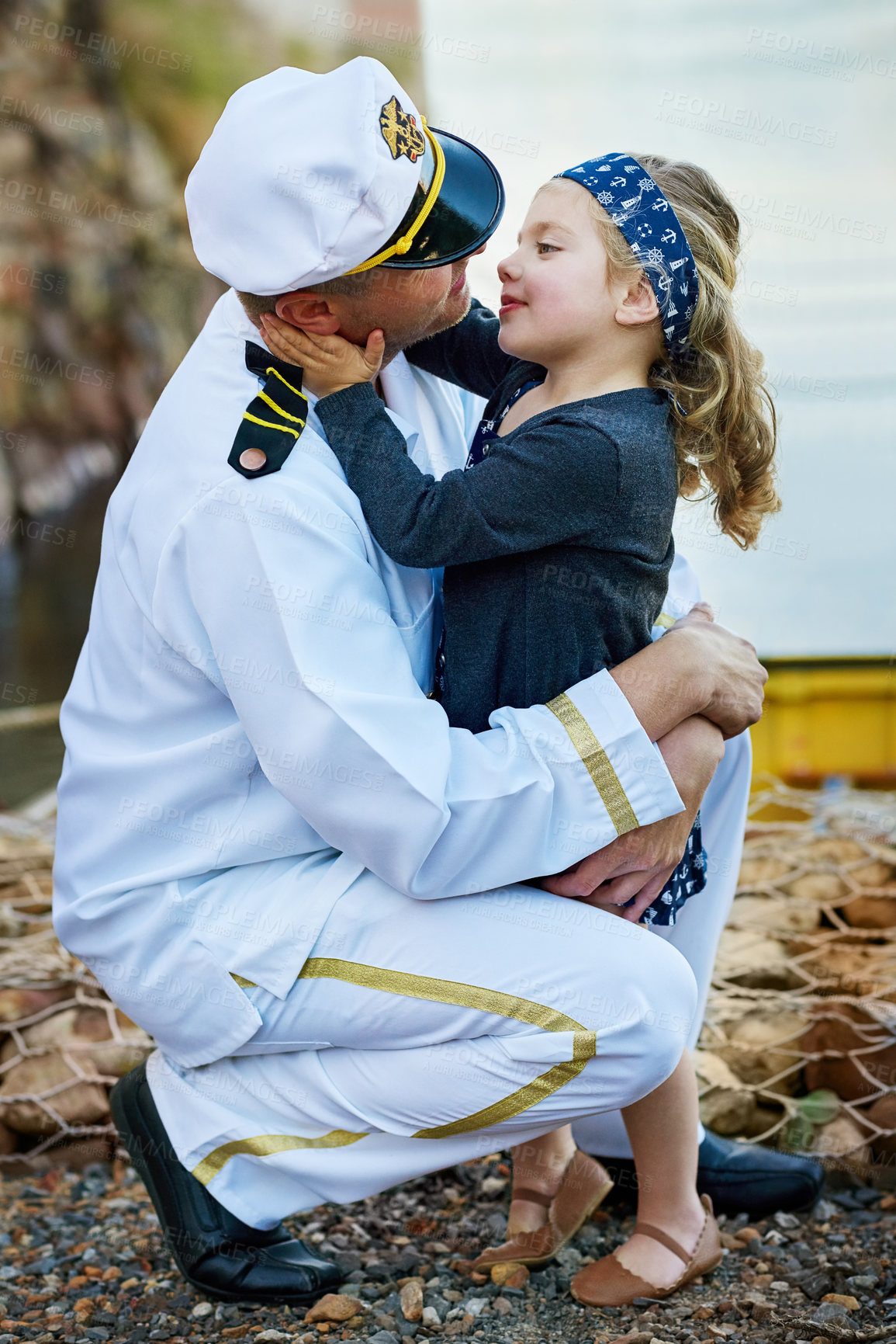 Buy stock photo Father, navy and child hug with love for family reunion at sea dock or goodbye as captain sailor, daughter or service. Male person, girl and embrace in patriotic uniform as soldier, farewell or kiss