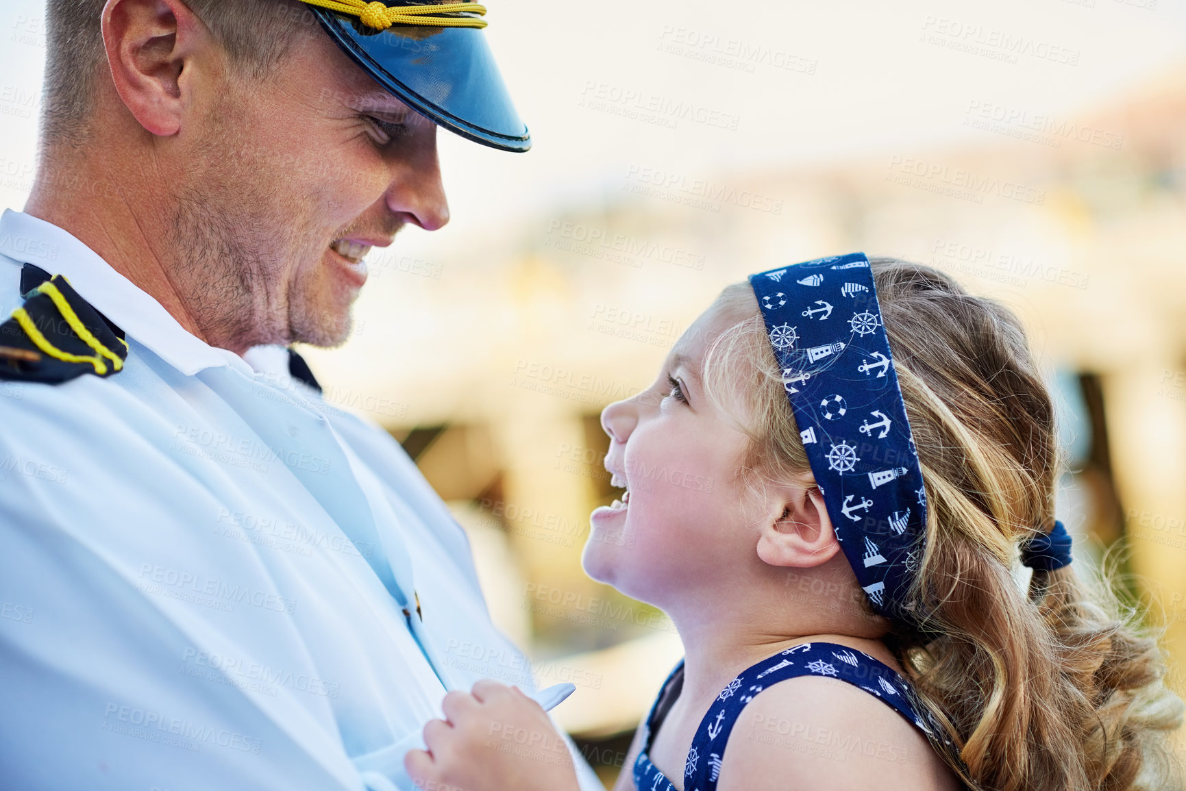 Buy stock photo Happiness, uniform and father carry girl with love, patriotic service and family support for military captain. Dad, child and hug with marine soldier for excited reunion and hero with navy seal job