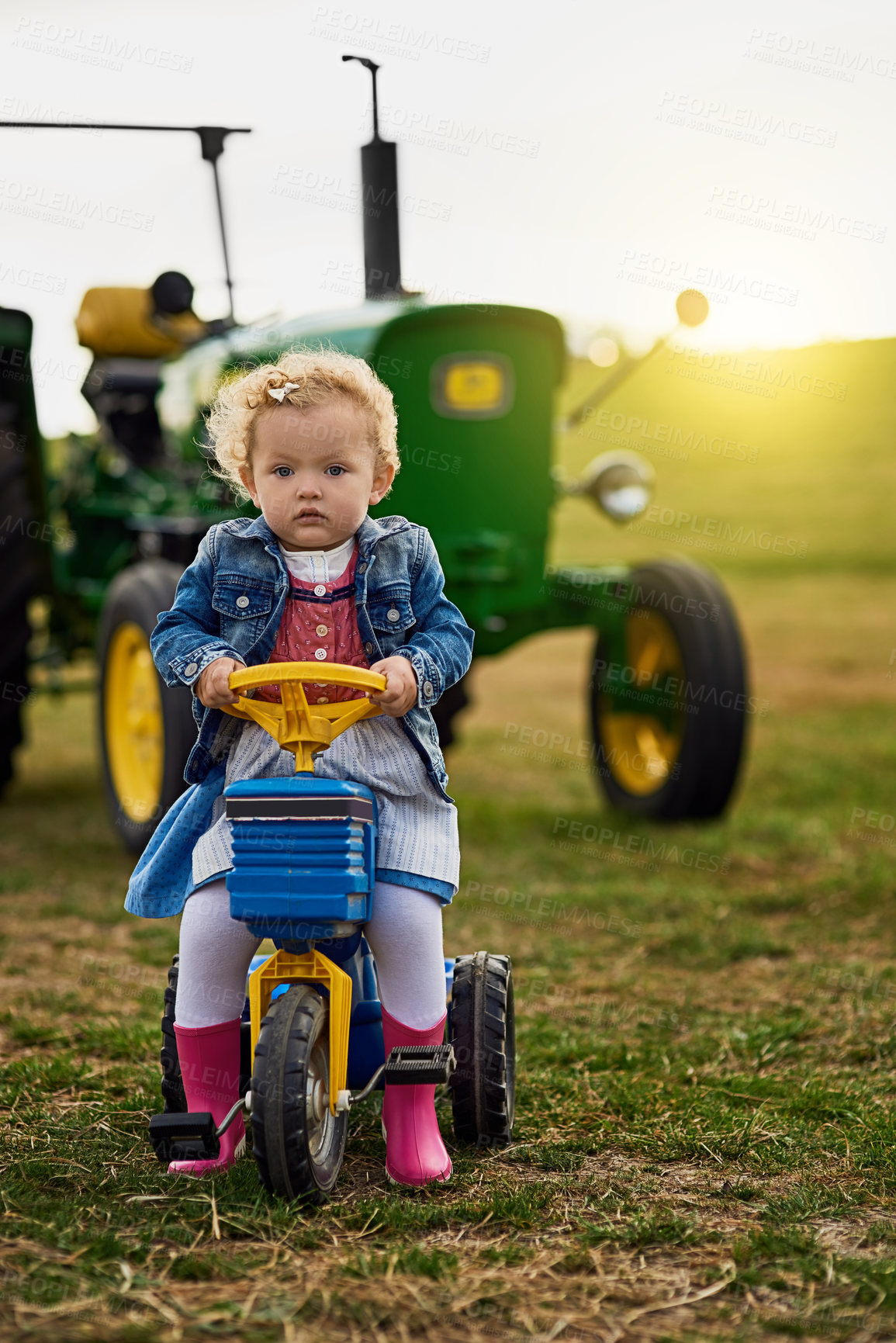 Buy stock photo Portrait of an adorable little girl riding a toy truck on a farm