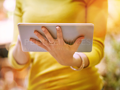 Buy stock photo Search, scroll and woman with tablet in hand for investment, digital information and finance news. Website, outdoor and trader with network on technology for stock market, planning and online report