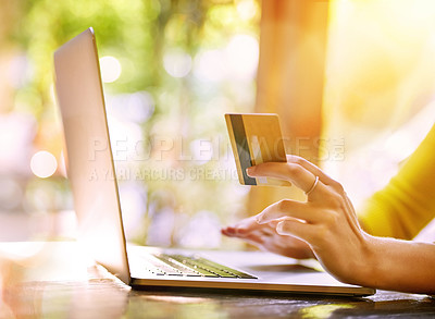 Buy stock photo Woman, laptop and credit card for online shopping, ecommerce and virtual store or shop on website. Entrepreneur, technology and digital payment for b2b, dropshipping and business with sale or product
