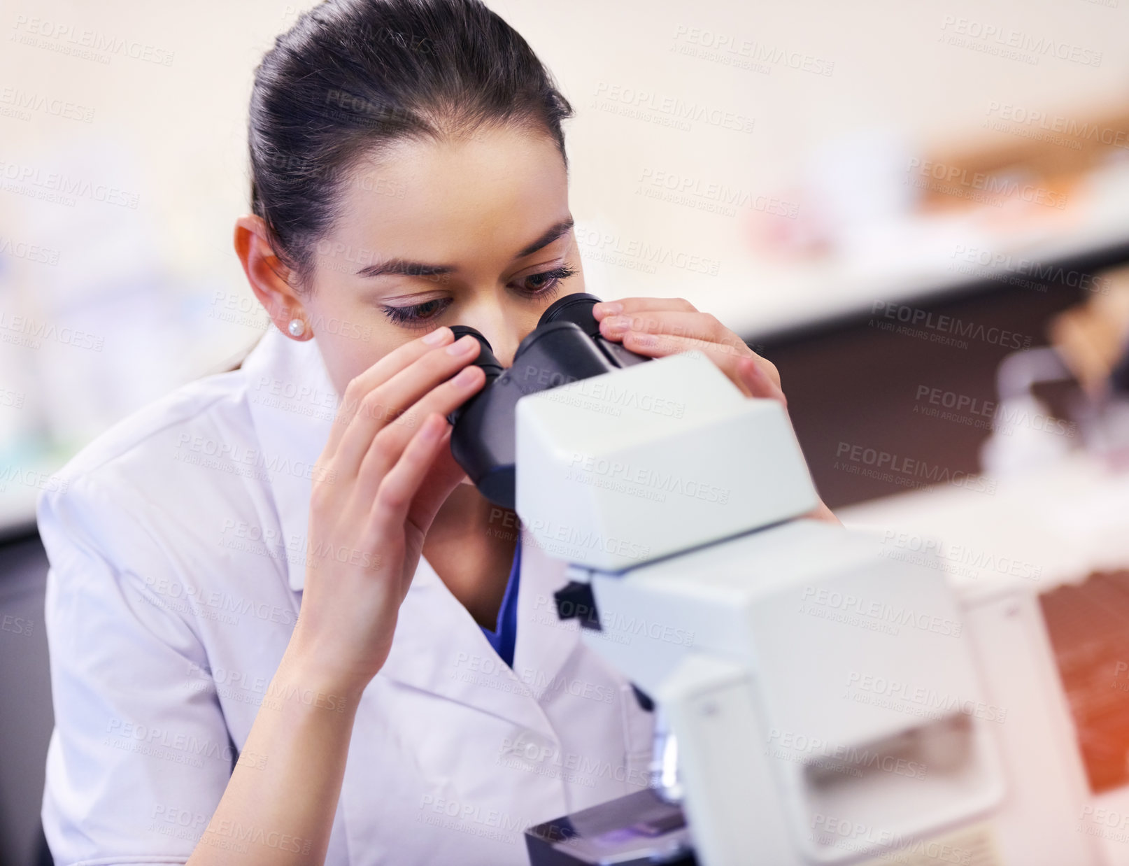 Buy stock photo Science, microscope and woman scientist in laboratory for medical research or breakthrough. Female technician, doctor and sample analysis in microbiology with equipment for clinical trial in Sweden.