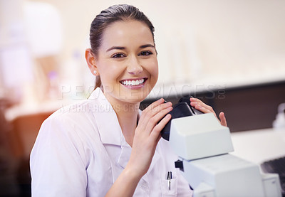 Buy stock photo Girl, portrait and scientist in laboratory with microscope for medical samples to diagnose disease and chemistry. Woman, happy and lab equipment for science experiment or pharmaceutical research test