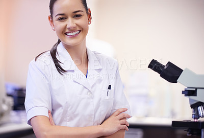 Buy stock photo Woman, confident and scientist in laboratory with portrait or happiness for pharmaceutical breakthrough and proud for discovery. Girl, arms crossed with pride for medical research and biotechnology.