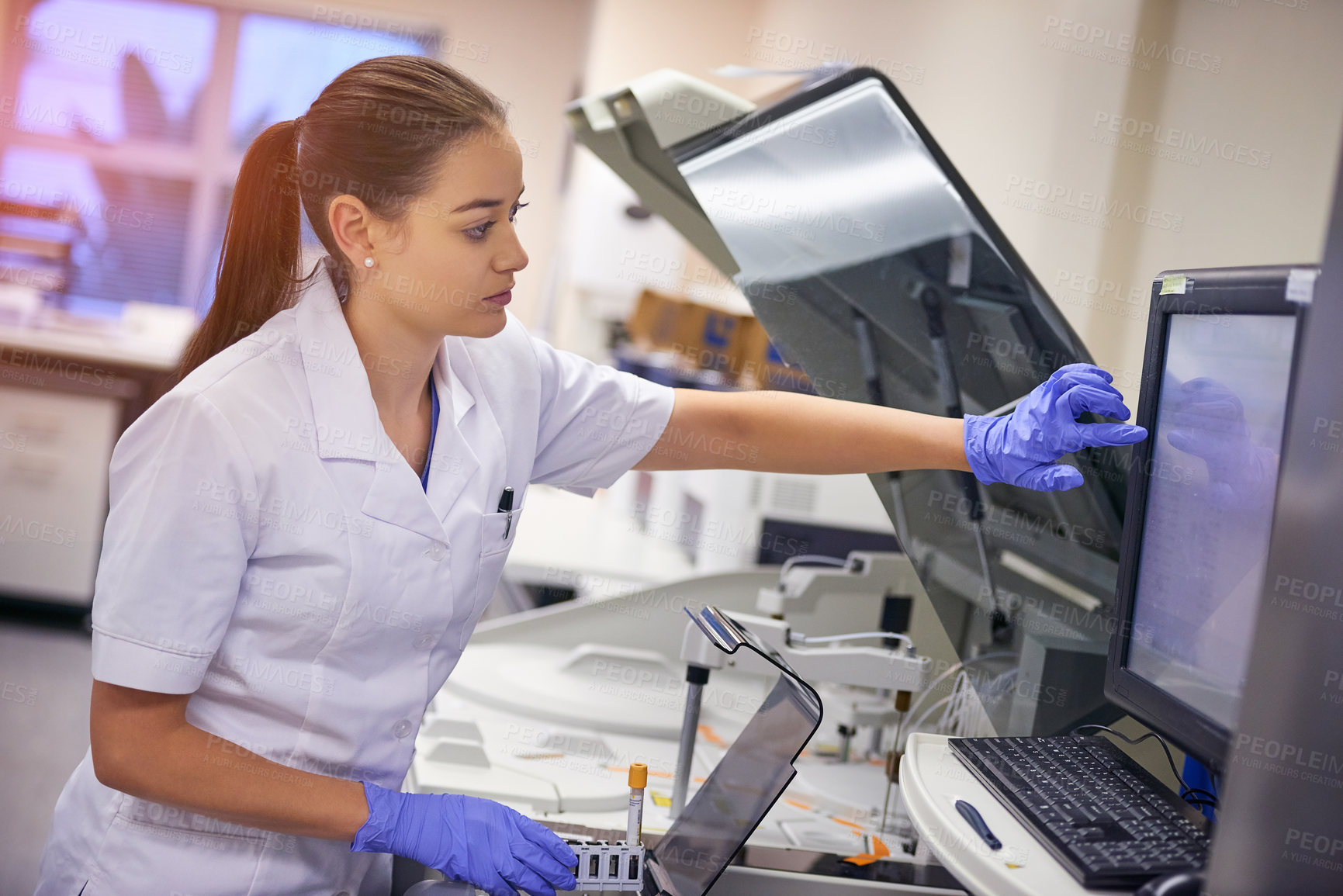 Buy stock photo Woman, computer and test in laboratory for medical, research and science for innovation in hospital. Biomedical scientist, study and technology for vaccine, healthcare and pharmaceutical development