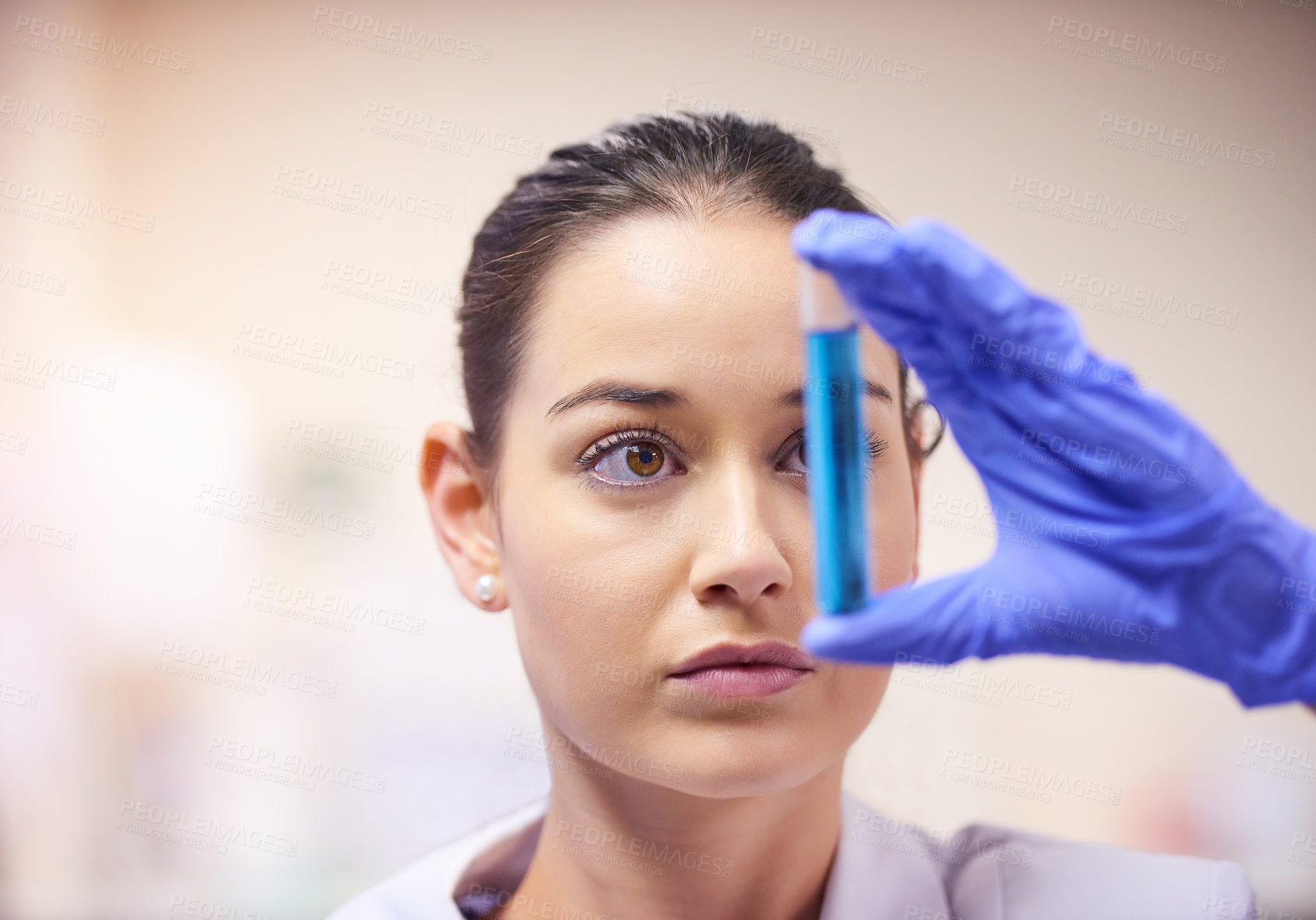 Buy stock photo Laboratory, test tube and woman scientist with liquid vaccine for investigation, research or virus testing. Pharmaceutical, cure and hand of lab technician for analysis, experiment or medical study