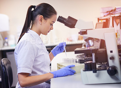 Buy stock photo Girl, scientist and vial for study in laboratory, microscope and working for medical research on anti aging. Female doctor, test tube and experimental assessment for epigenetics, genetics and trial.