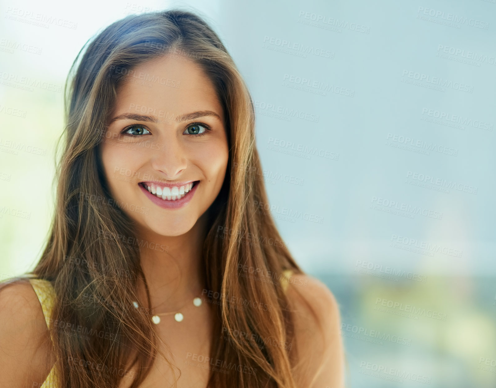 Buy stock photo Portrait of an attractive and happy young woman