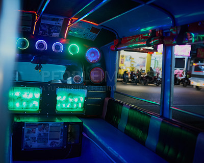 Buy stock photo Shot of the inside of an empty party bus at night