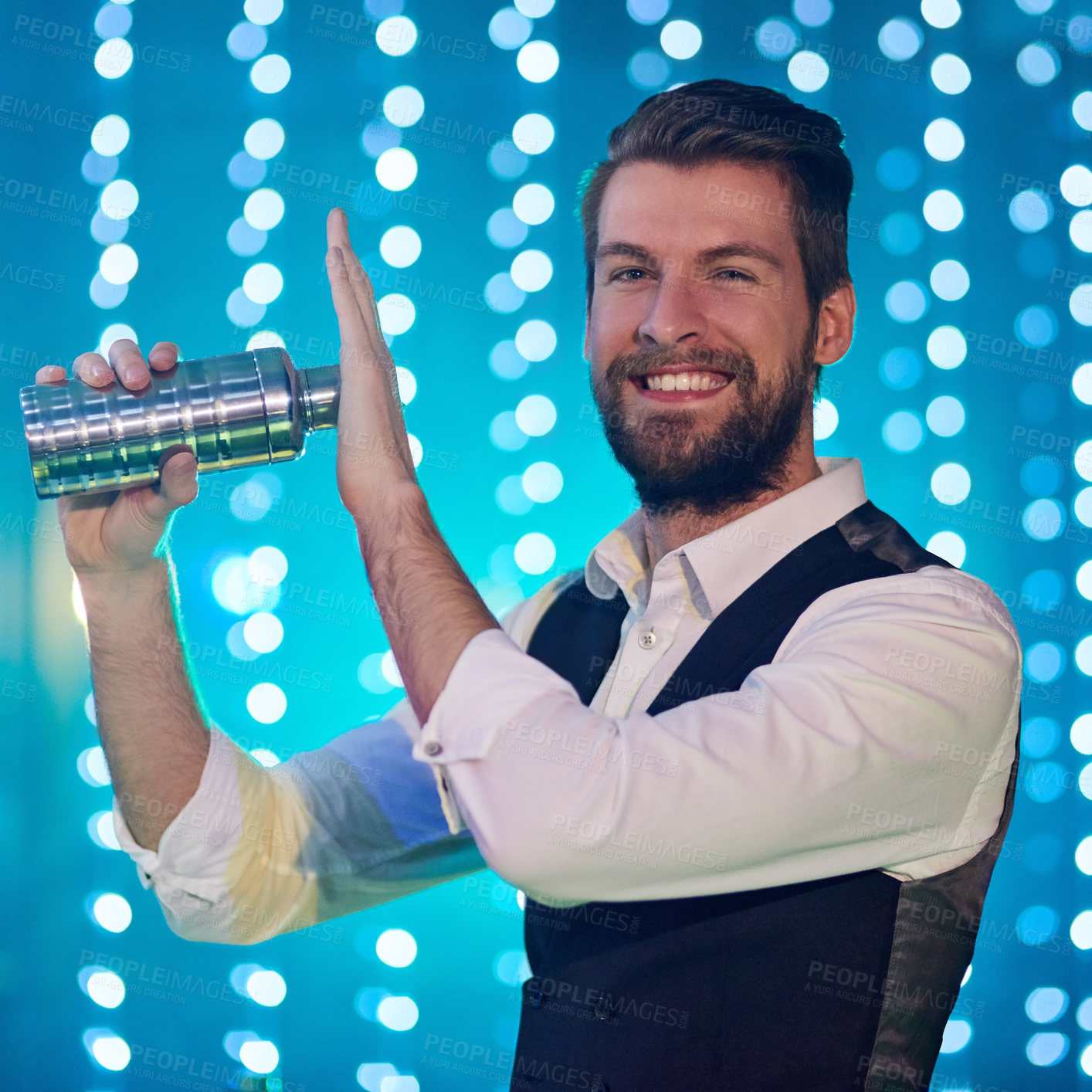 Buy stock photo Happy man, portrait and bartender with drink, mixing or cocktail at party, nightclub or event. Male person, waiter or barman with smile or shaking ingredients for alcohol beverage or brew at concert