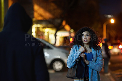 Buy stock photo Danger, woman fear and criminal in the city at night with thief and anxiety outdoor, Urban, dark and female person feeling scared with stress and terror from stalker, crime and risk of scary violence