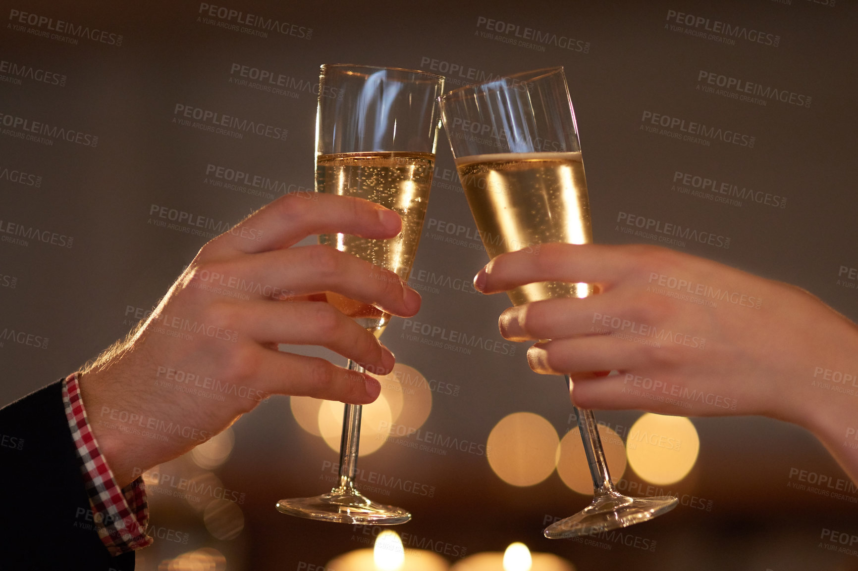 Buy stock photo Couple, wine glasses and toast on celebration date or romantic night together for bonding, love and relationship. People, hands and cups with alcohol in restaurant for memories, dinner or anniversary