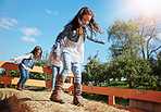 Kids at play on a bale of hay