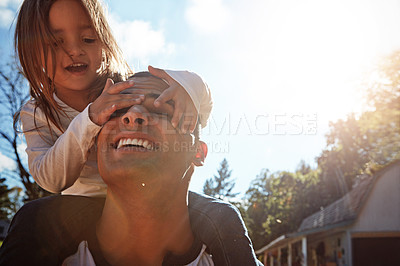 Buy stock photo Garden, fun and dad with girl on shoulder in nature for outdoor adventure, humour and child development. Love, smile and low angle of man with kid for playful bonding, care and support on fathers day