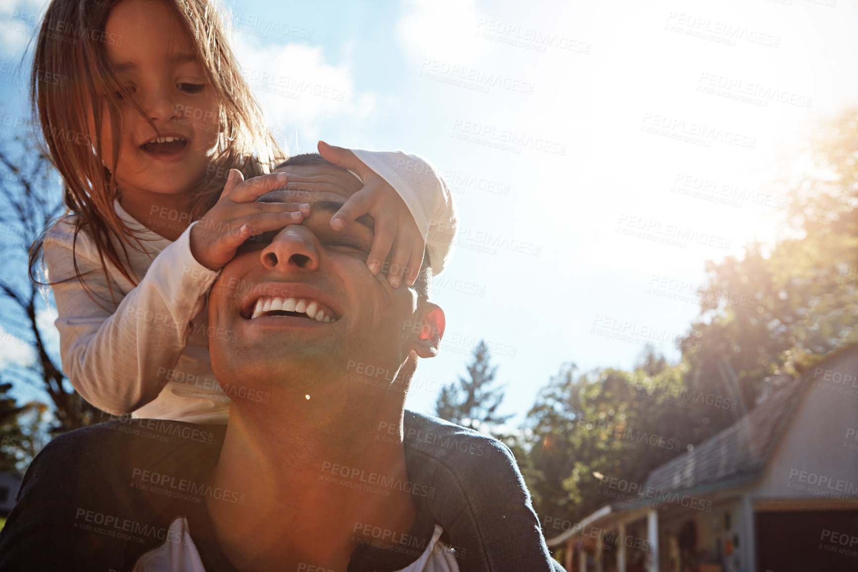 Buy stock photo Garden, fun and dad with girl on shoulder in nature for outdoor adventure, humour and child development. Love, smile and low angle of man with kid for playful bonding, care and support on fathers day