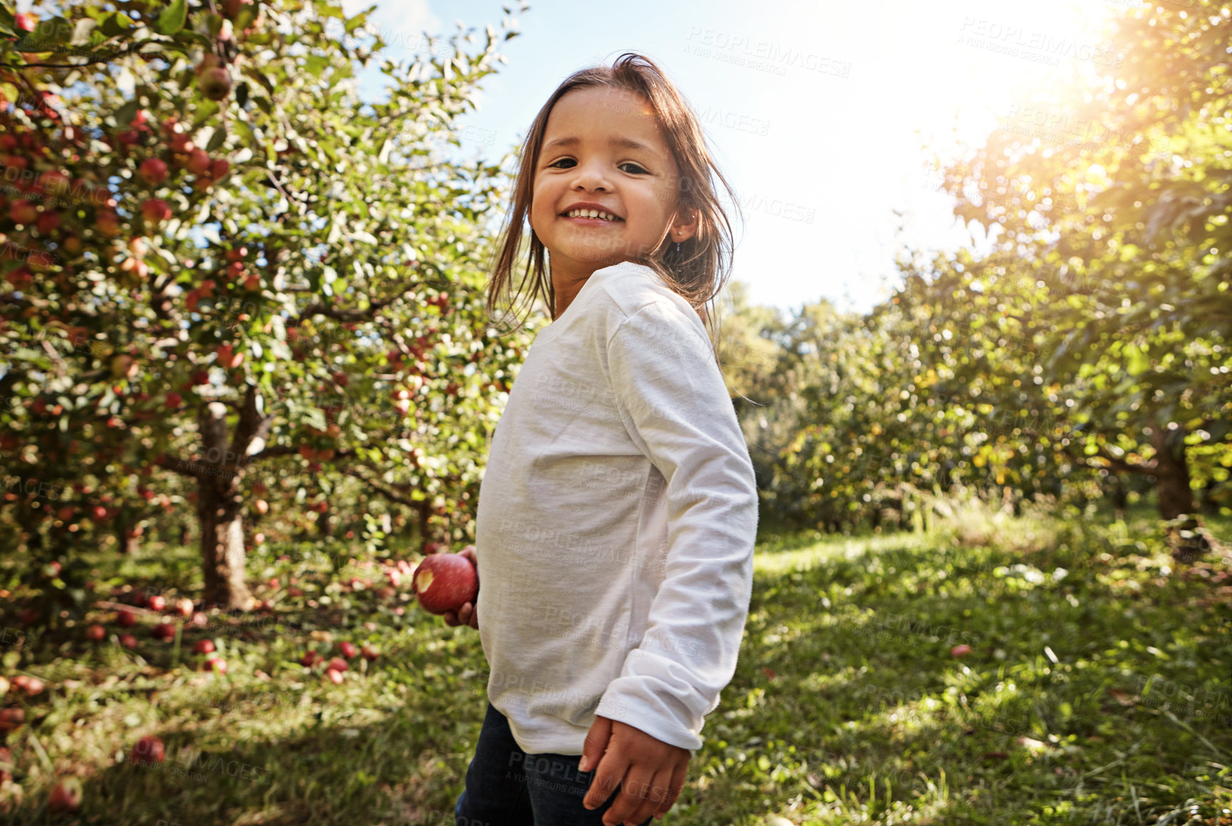 Buy stock photo Portrait of an adorable little girl having fun in an apple orchard