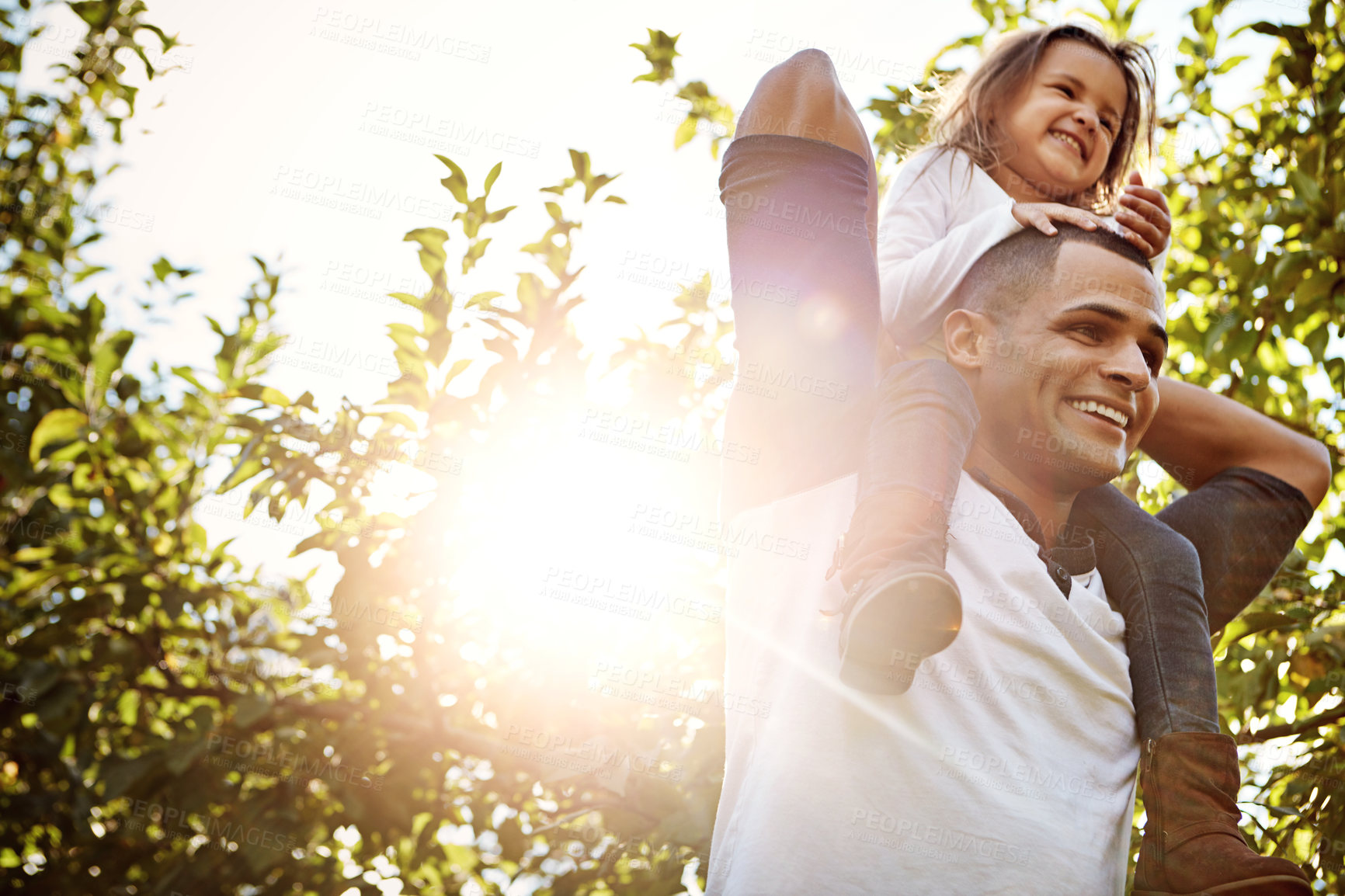 Buy stock photo Shot of a happy father and daughter enjoying a piggyback ride outdoors