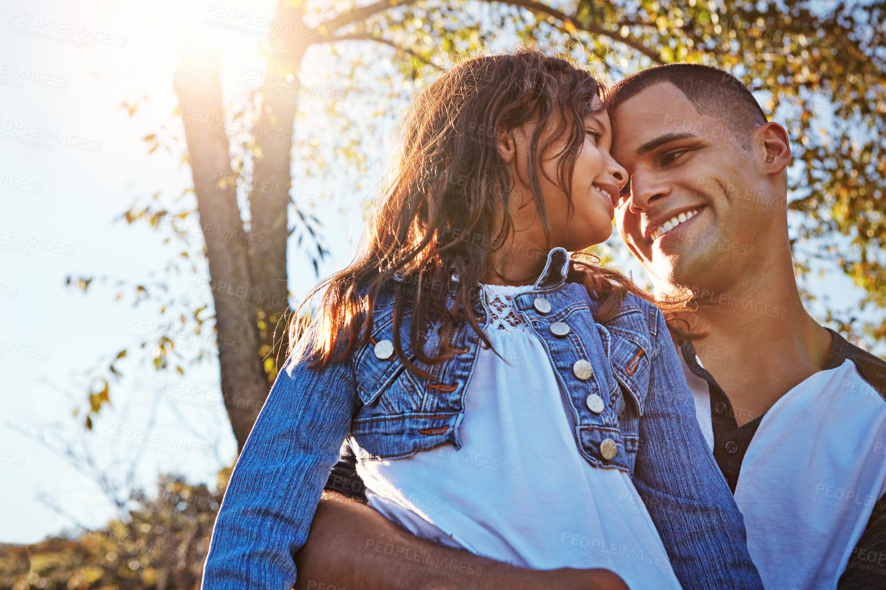 Buy stock photo Happy, hug and dad with girl in park on adventure in summer with trees on farm, orchard or relax in garden. Father, love and care for child on vacation, holiday or travel in environment with family