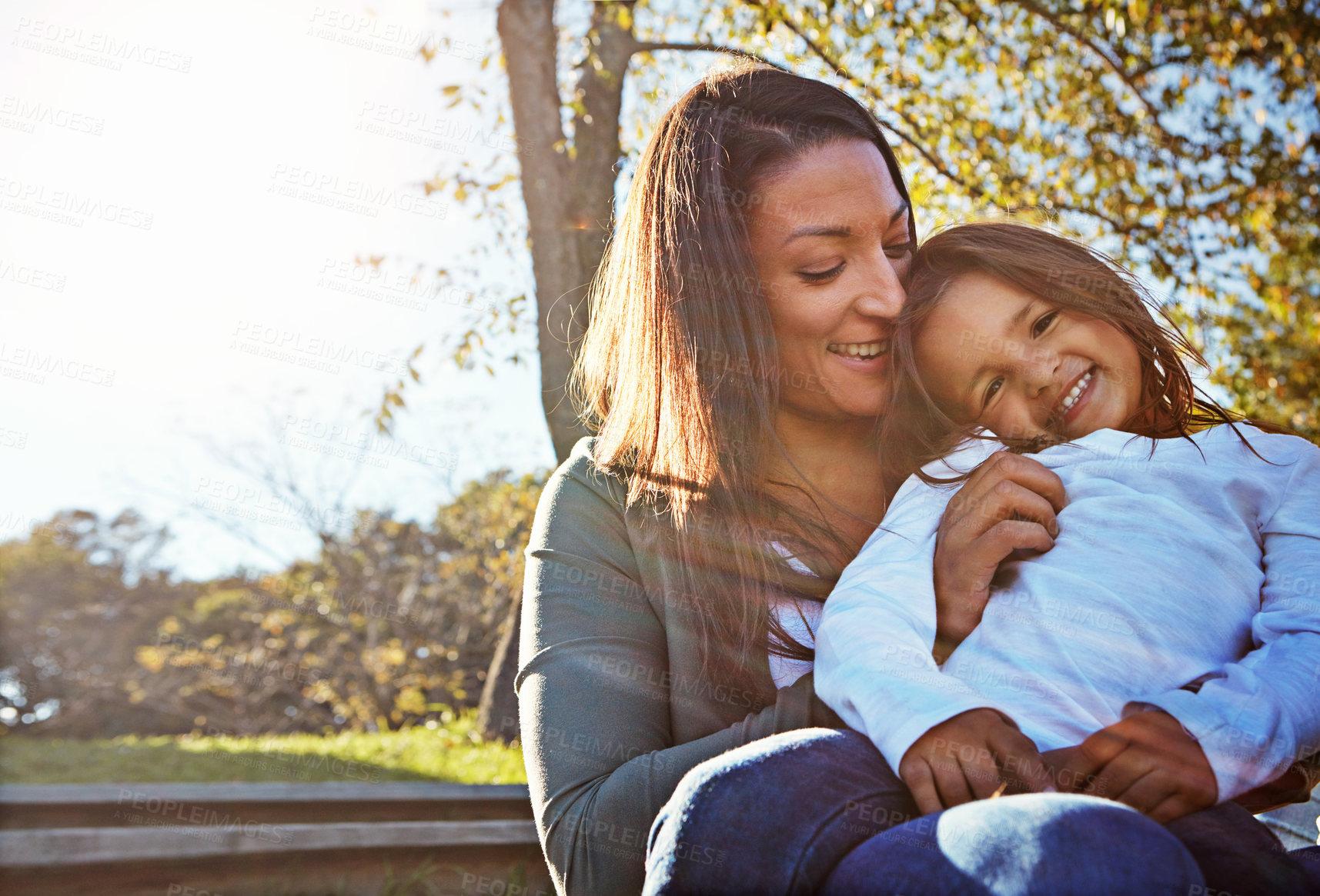 Buy stock photo Mom, hug and relax with kid in garden, backyard or happiness in summer on vacation in park. Growth, mother and girl smile together bonding with family in countryside, nature or portrait on holiday