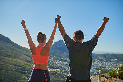 Buy stock photo Happy couple, back view and fitness with fist pump on mountain for winning, victory or achievement in nature. Man, woman or athletes with hands in air for conquer, workout goals or accomplishment