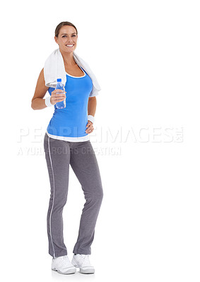Buy stock photo Water bottle, fitness and portrait of woman in studio with mockup space for exercise or workout. Happy, sport and young female person with hydration beverage for training isolated by white background