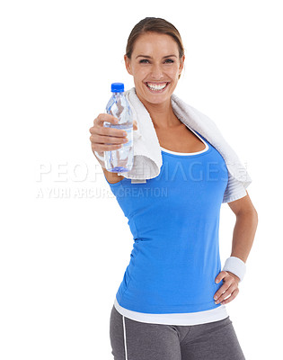 Buy stock photo Woman, workout and water bottle in studio for health, wellness and exercise or fitness offer. Portrait of happy person or sports model with giving liquid for energy and training on a white background