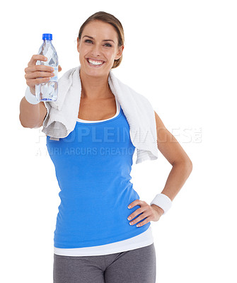 Buy stock photo Woman, fitness offer and water bottle in studio for health, wellness and exercise on a white background. Portrait of happy person or sports model with towel and liquid for energy, gym and training