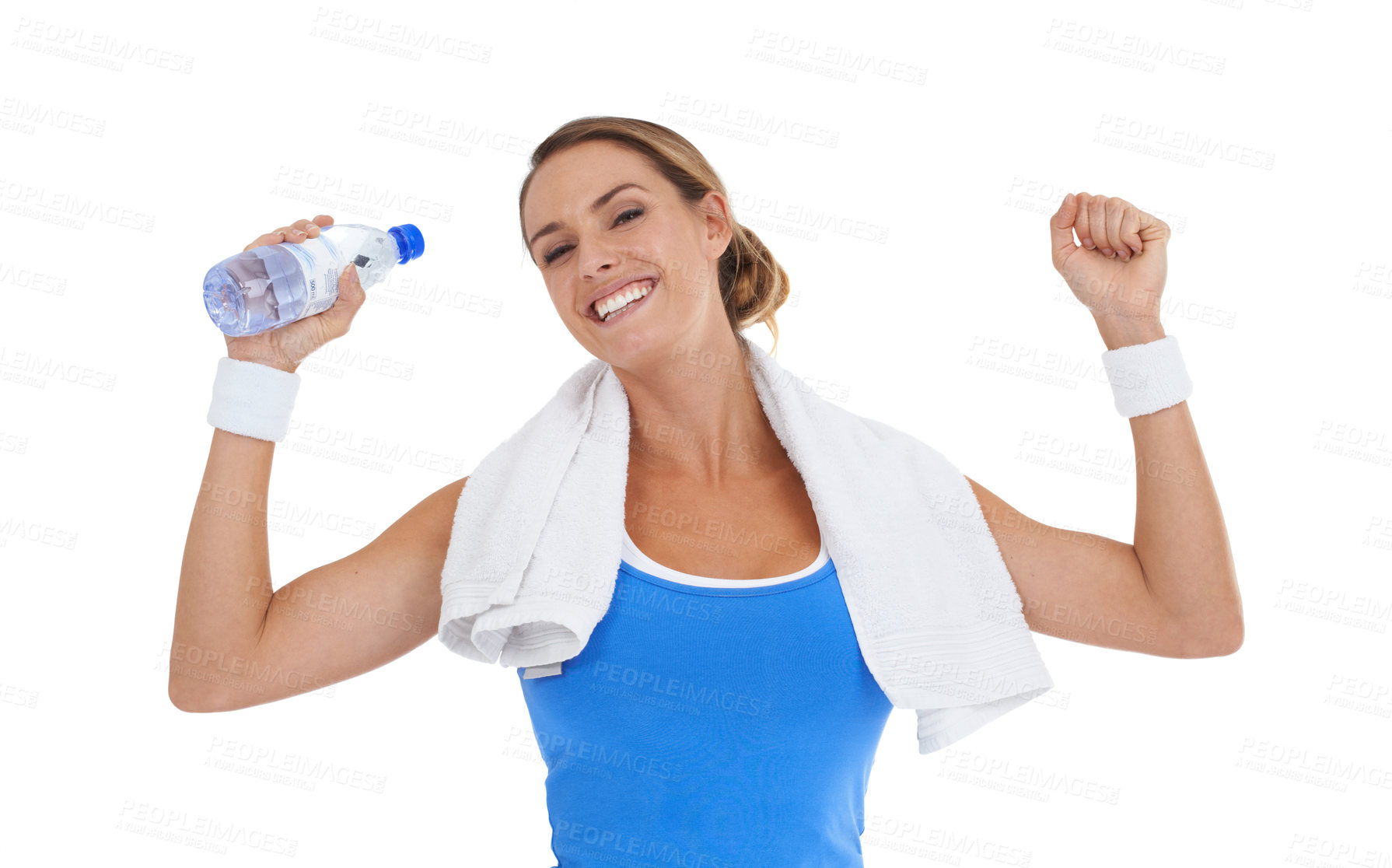 Buy stock photo Woman, yes and water bottle for fitness in studio with exercise goals, workout success or achievement. Portrait of sports person in yes, fist and energy or training celebration on a white background